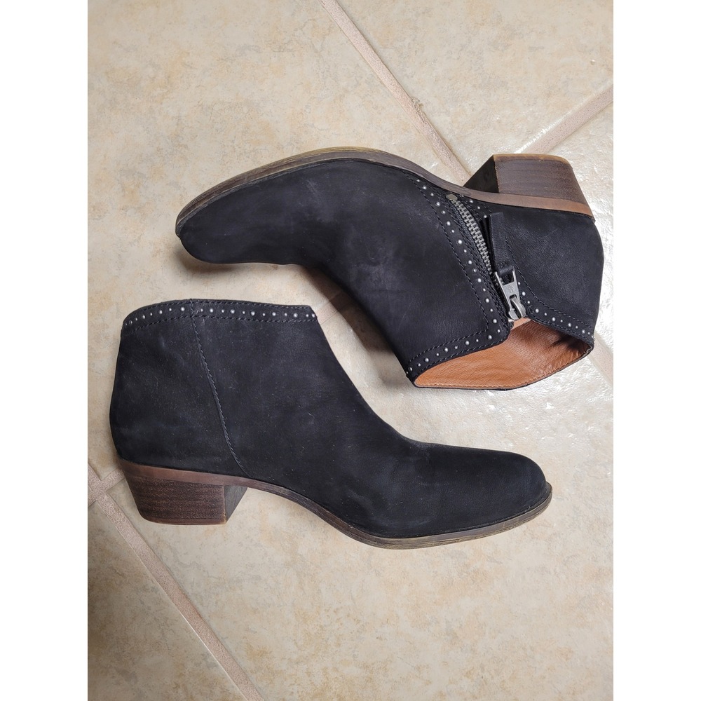Lucky Brand Western Black Nubuck Leather Studded Ankle Booties Womens 7.5 M 37.5